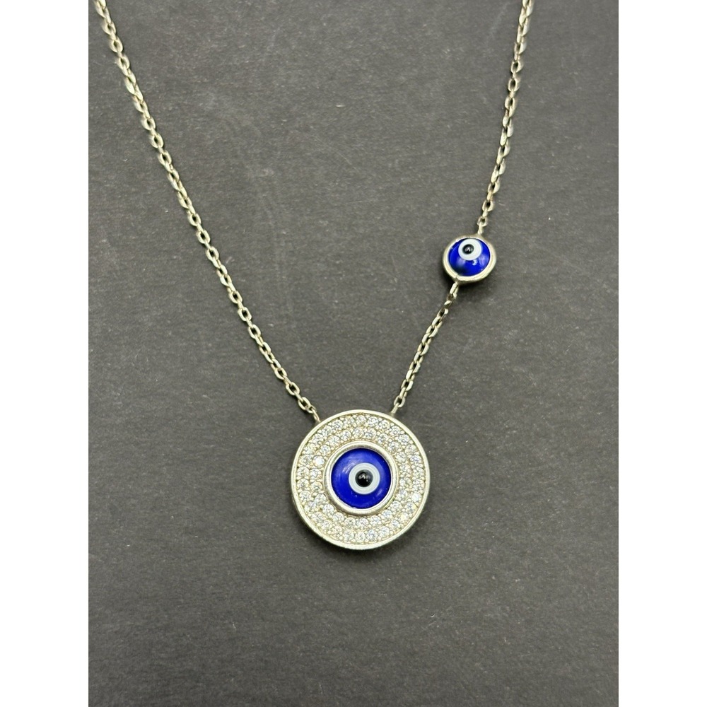 16" Vintage Sterling Silver Enamel Cubic Zirconia Evil Eye Necklace F24